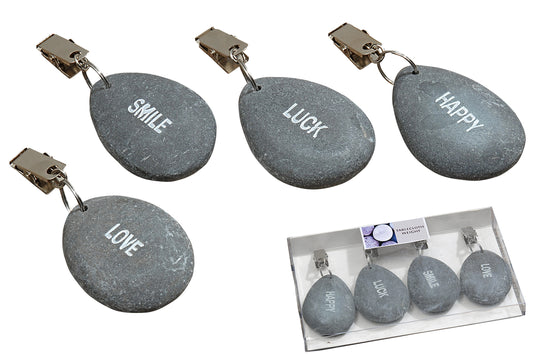 Boltze 4er Set Tischdeckenbeschwerer aus Naturstein - Mit Stahlclips, maximale Klemmkraft - Insgesamt ca. 240 g schwer - Happy, Luck, Love, Smile Aufdruck - Ideal für den gedeckten Tisch image 2