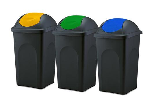 BigDean 3x Mülleimer groß 60L - schwarz - mit Schwingdeckel gelb, grün & blau - aus Kunststoff - Müllsammler Abfalleimer Mülltonne Abfallbehälter - Made in Italy image 1