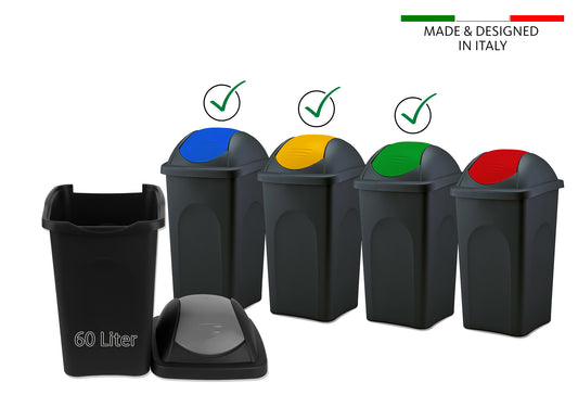 BigDean 3x Mülleimer groß 60L - schwarz - mit Schwingdeckel gelb, grün & blau - aus Kunststoff - Müllsammler Abfalleimer Mülltonne Abfallbehälter - Made in Italy image 2