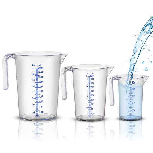 BigDean Messbecher-Set - 3 Größen: 500ml, 1L, 2L - bruchsicher, temperaturbeständig, farbige Skala transparent & blau - aus PP-Kunststoff lebensmittelecht - Made in Germany image 1