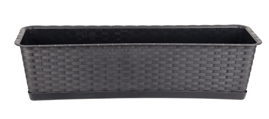 BigDean Blumenkasten mit Untersetzer 60 cm lang Rattan-Optik anthrazit - aus PP-Kunststoff - Balkon Pflanzkasten schmal Balkonkasten image 1