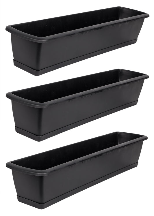 BigDean 3er Set Blumenkasten mit Untersetzer 60 cm lang anthrazit - aus PP-Kunststoff - Balkon Pflanzkasten schmal Balkonkasten image 1