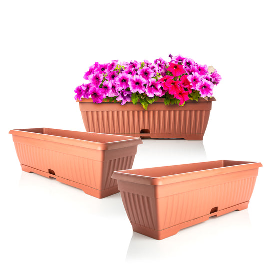 BigDean 3x Blumenkasten Balkon mit Untersetzer - Terracotta 50 cm Balkonkasten Pflanzkasten Blumenkasten mit Wasserspeicher für Innen- & Außenbereich geeignet - Made in Europe image 1