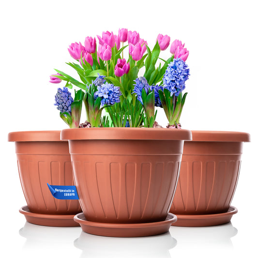 BigDean 3X Blumentopf mit Untersetzer rund ø33xH25 cm Terracotta - wetterfester Pflanzkübel - Wasserablauf UV-beständig aus bruchsicherem Kunststoff - Innen + Außen geeignet - Made in Europe image 1