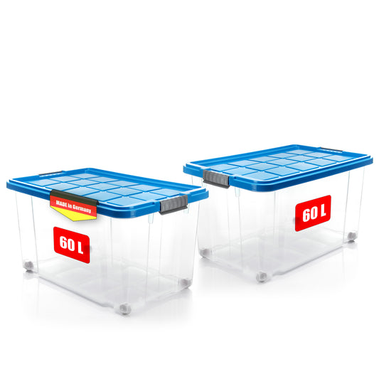 BigDean 2 Stück 60 L Aufbewahrungsbox mit Deckel groß azurblau - stapelbare robuste Box - rollbare Stapelbox mit festen Klickverschlüssen - Made in Germany image 1