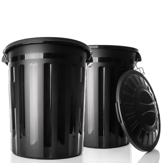 BigDean 2 Stück wetterfeste Universaltonne mit Deckel Schwarz und 2 Tragegriffen + Clip Verschluss auch als Mülltonne – Regentonne und Futtertonne geeignet für Indoor + Outdoor geeignet