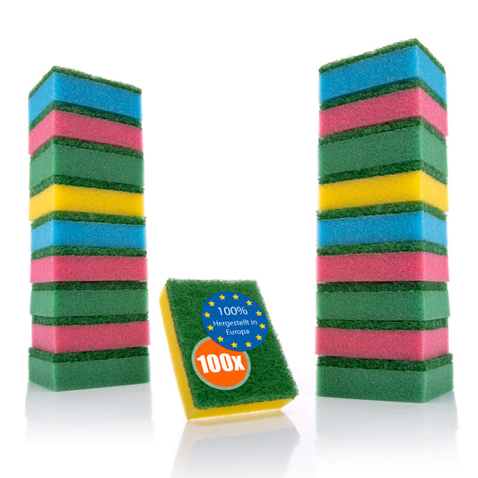 BigDean 100 Stück Schwämme Mehrfarbig für Küche & Haushalt– zweiseitigen Reinigungsschwamm – Topfschwamm, Spülschwamm, Putzschwamm wiederverwendbar – Made in Europa