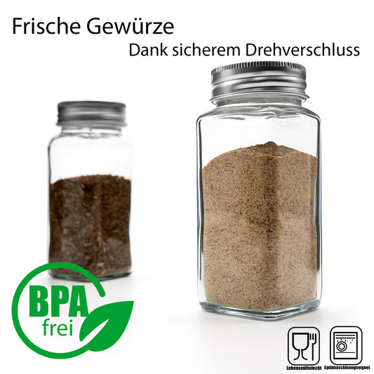 BigDean 12er Set Gewürzgläser eckig - luftdichte Gewürzdosen lebensmittelecht mit zwei Streueinsätzen - ideal für Gewürzaufbewahrung image 2