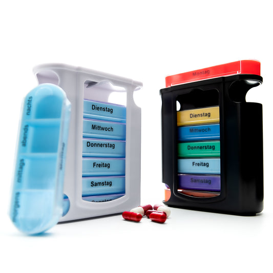 BigDean 2er Mix Set Tablettenbox 7 Tage Morgens, Mittags, Abends & Nachts in Schwarz und Weiß – Medikamentenbox BPA-frei & Lebensmittelecht – luftdichte Pillendose auch für unterwegs geeignet image 1
