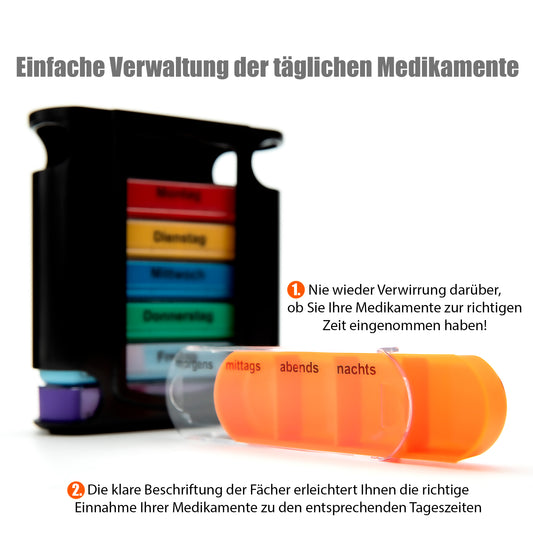 BigDean 2er Mix Set Tablettenbox 7 Tage Morgens, Mittags, Abends & Nachts in Schwarz und Weiß – Medikamentenbox BPA-frei & Lebensmittelecht – luftdichte Pillendose auch für unterwegs geeignet image 2