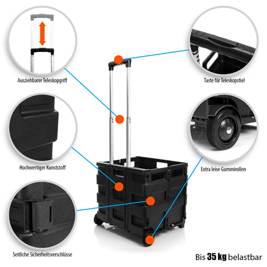 Einkaufstrolley klappbar bis 35kg - Werkzeugtrolley Transportbox mit Rollen Werkzeugwagen Transportkiste Putzwagen klappbare Einkaufskiste Transporttrolley Einkaufswagen mit Teleskopgriff image 2
