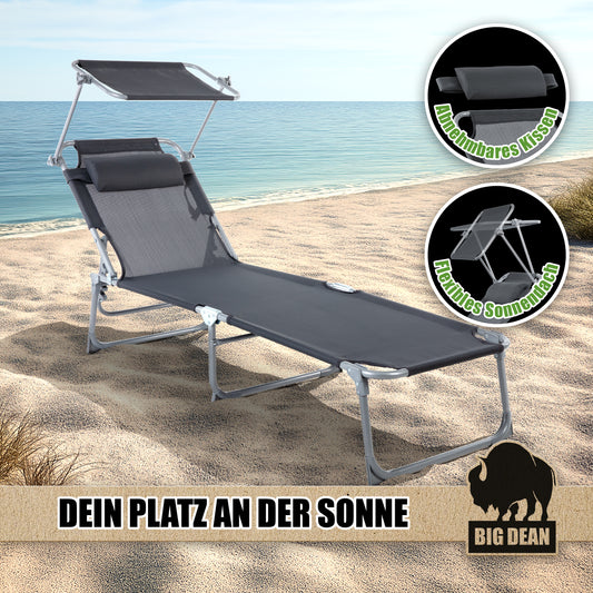 BigDean Sonnenliege klappbar mit Kopfkissen & Dach extra hoch dunkelgrau 150 kg belastbar - hochwertige Gartenliege für Balkon, Garten & Strand image 2