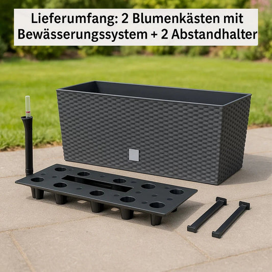 BigDean 2 Stück Blumenkasten mit Wasserspeicher Rattanoptik anthrazit 51x18x18cm image 2