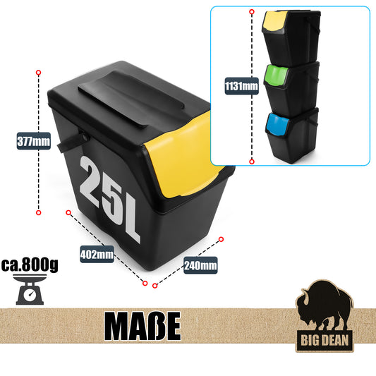 BigDean 3x 25L Mülltrennsystem Küchenmülleimer 3 Fächer Stapelbar mit Henkel Abfalleimer Küche image 2