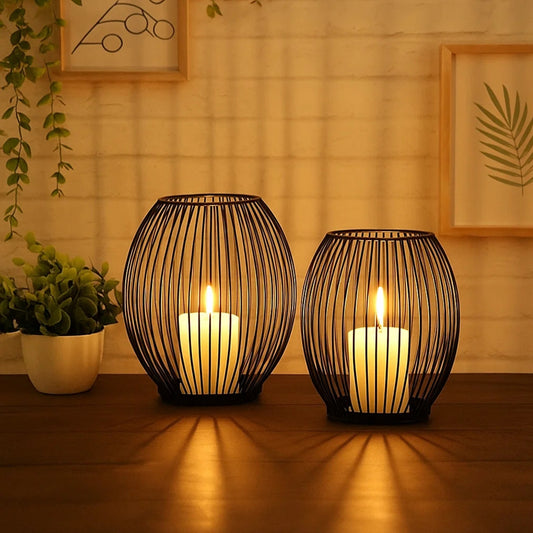 Deko Kerzenständer 2er Set oval - Kerzenhalter Metall Schwarz