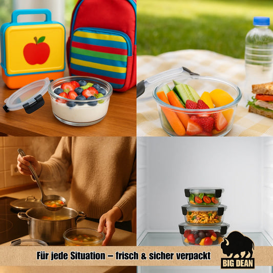 BigDean Glasbehälter mit Deckel in 3 Größen - Mikrowellengeschirr Glas - Meal Prep Container aus Glas - Runde Glasbehälter Mikrowellengeschirr Glas mit Deckel image 2