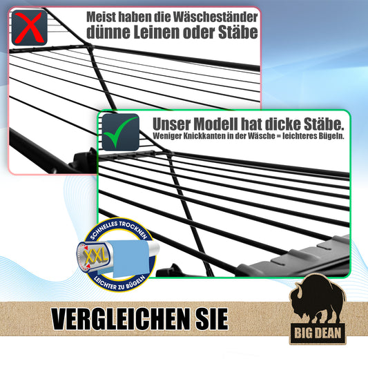 BigDean Wäscheständer 200 cm = 20m extra-hoch + dicke Leinen für einfacheres Bügeln - Wäscheständer XXL - Wäscheständer schwarz – Wäscheständer stabil X-Beine
image 1