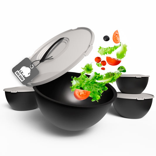 BigDean Salatschüssel Set groß mit Deckel, Schüssel 4 Größen 0,7-6 L in Anthrazit Schwarz, Kunststoff BPA-frei Salatschüssel Made in Germany image 1