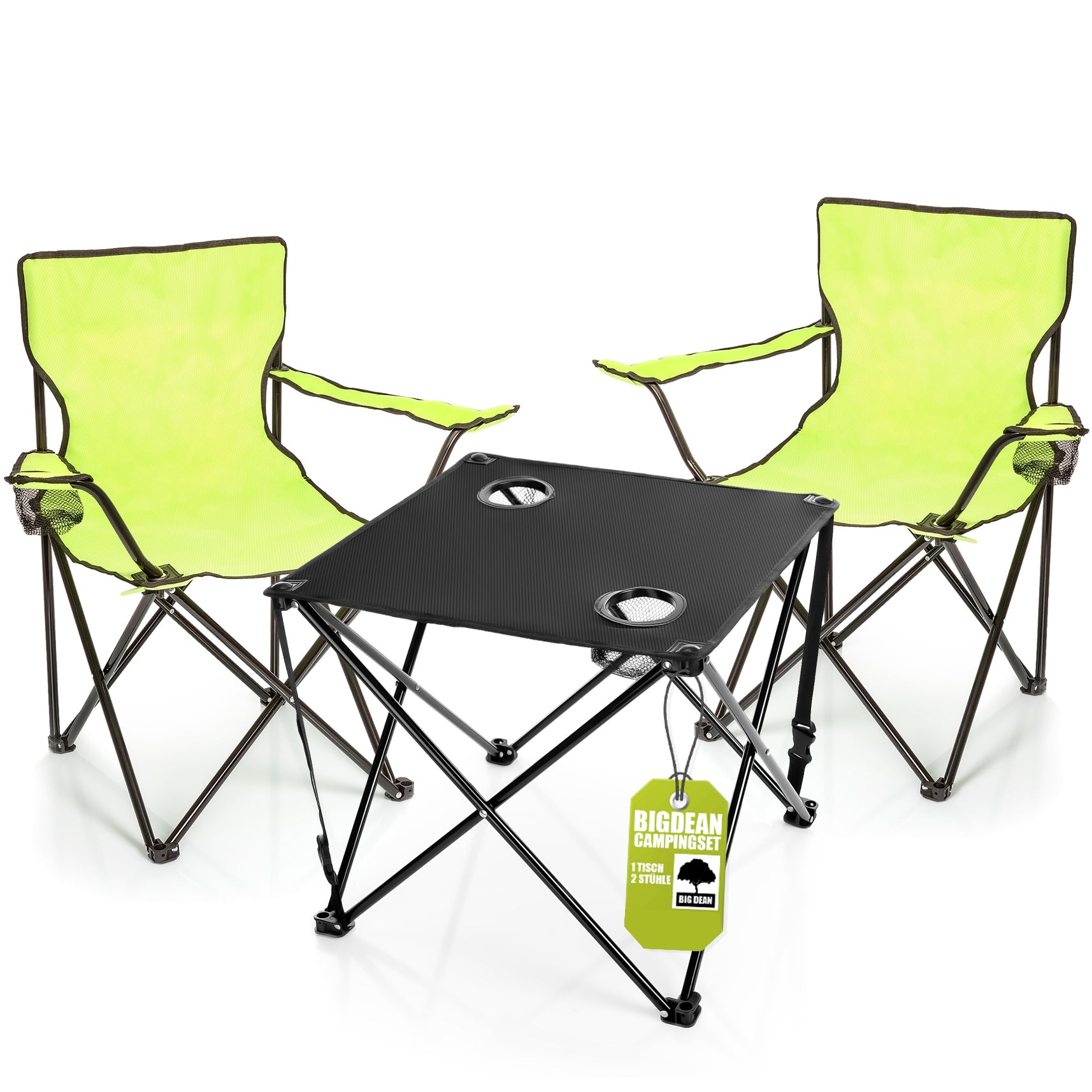 campingtisch mit 2 stühlen BigDean 2 Stück Campingstuhl mit Campingtisch faltbar – Faltstuhl in Neon Grün mit Getränkehalter & Tragetasche ideal für Camping, Festival & mehr