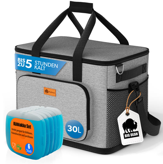 Kühltasche groß 30L + 6 Mini Kühlakkus – perfekt als Picknicktasche & Lunchtasche