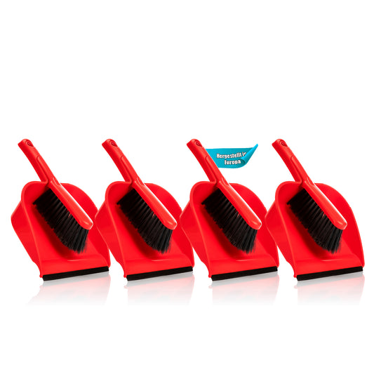 4 Stück Kehrschaufel Set in Rot – Handfeger mit stabilen + robusten Borsten und Schaufel – Kehrblech aus hochwertigem Kunststoff – Haushalts Besen Kehrset – Made in Europa