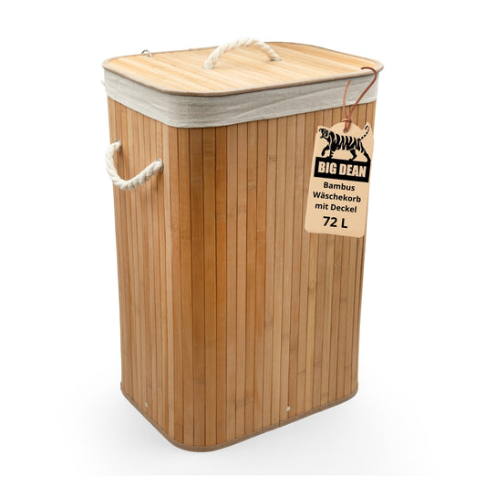 BigDean Wäschekorb Bambus 72L Wäschesammler Wäschetruhe Wäschetonne Wäschekorb mit Deckel Wäschesack herausnehmbar und maschinenwaschbar image 1