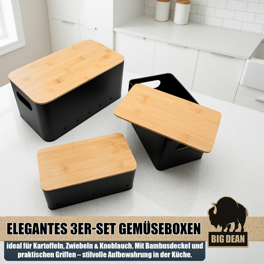 BigDean 3er Set Kartoffel Aufbewahrungsbox für Kartoffel, Zwiebel & Knoblauch Zwiebel Aufbewahrung Kartoffelkiste Kartoffelbox Bambus Deckel & Belüftungslöcher image 2
