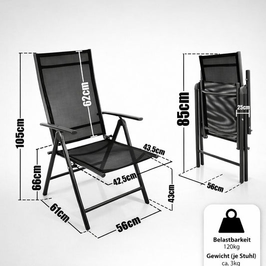2er Set Gartenstuhl Hochlehner klappbar bis 120kg belastbar schwarz 7-fach verstellbar 2