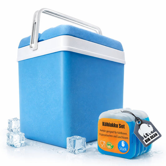 Kühlbox 24 Liter Set inkl. 6 Kühlakkus, blau/weiß, ohne Strom, bis zu 11 Std. Kühlung Made in Europe
