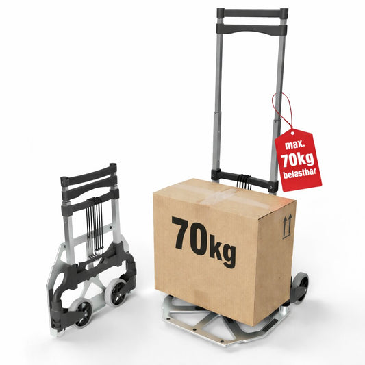 Aluminium Transportkarre klappbar, Sackkarre bis 70 kg + 110 cm Teleskopgriff, Anti-Rutsch-Pads, leise Soft-Räder, inkl. 2 Expanderseile, leicht, kompakt, faltbar image 1