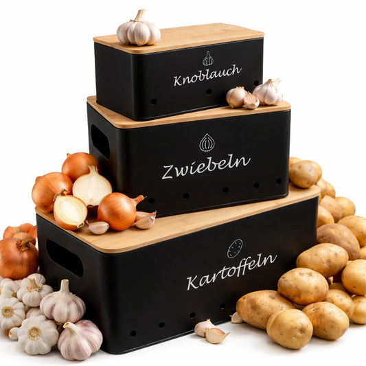 BigDean Kartoffel Aufbewahrungsbox 3er Set aus Metall mit Bambusdeckel – für Kartoffeln, Zwiebeln & Knoblauch – belüftet, stapelbar und platzsparend – Vorratsbehälter für Küche & Speisekammer image 1