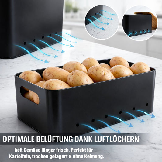 BigDean Kartoffel Aufbewahrungsbox 3er Set aus Metall mit Bambusdeckel – für Kartoffeln, Zwiebeln & Knoblauch – belüftet, stapelbar und platzsparend – Vorratsbehälter für Küche & Speisekammer image 2