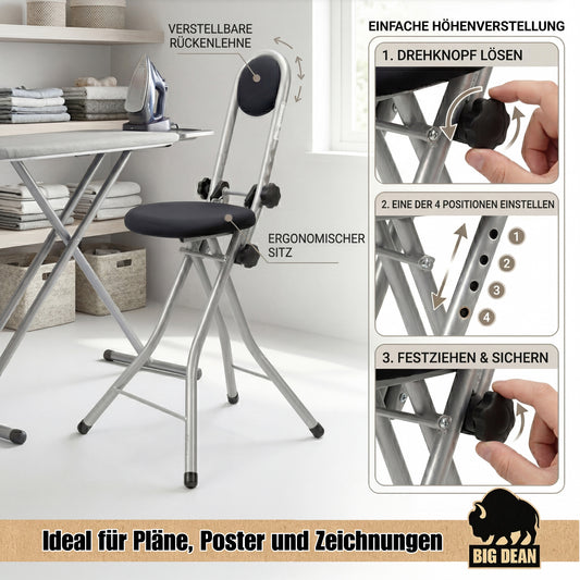 BigDean Bügelstehhilfe Stehhilfe Stehstuhl 4-Fach höhenverstellbar klappbar Bügelstuhl Stehsitz ergonomisches Sitzen - Stehsitz zum Bügeln mit Rückenlehn image 2