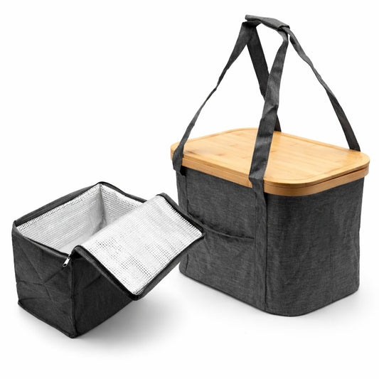 2-in-1 Picknicktasche mit herausnehmbarer Kühltasche und Bambusdeckel ca. 24L grau, faltbarer Picknickkorb mit isolierter Innentasche, für Einkauf, Camping, Strand und Auto image 1