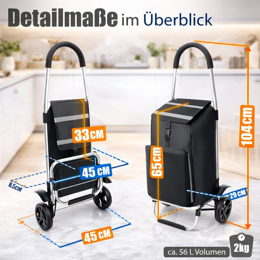 Einkaufstrolley klappbar 56L mit separatem Kühlfach 5L – Einkaufsroller mit abnehmbarer, regenfester Tasche und großen Rädern – Einkaufswagen auch als Sackkarre nutzbar für Einkauf, Getränke & Alltag image 2