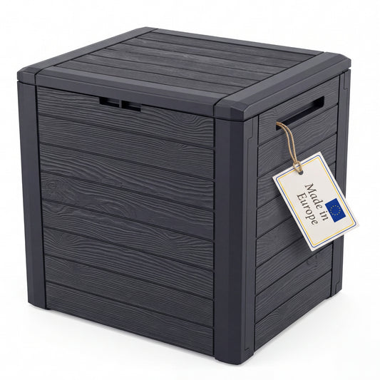 BigDean Gartenbox klein kompakt 140 Liter ideal für Balkon und kleine Flächen, Holzoptik Auflagenbox image 1