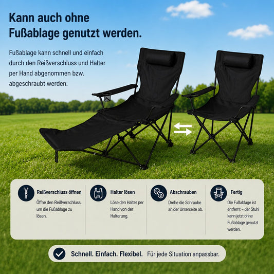 Verstellbarer Campingstuhl mit Fußablage Campingstuhl faltbar – Outdoor Relaxsessel mit Hoher Rückenlehne, Getränkehalter & Tragetasche - Faltbarer Campingstuhl mit Beinauflage bis 130 kg für Camping, Garten, Strand & Angeln image 2