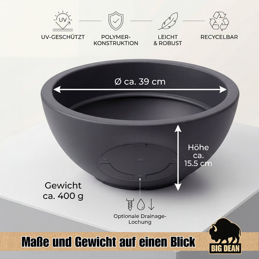 BigDean 2 Stück Kunststoff Pflanzschale rund anthrazit - 39 cm - Blumenkübel aus recyceltem Material - Pflanz Schale Topf Übertopf rund für Garten Terrasse Balkon Miniteich image 2