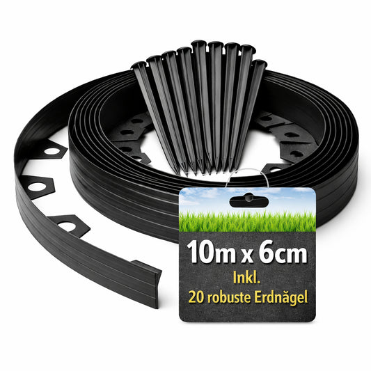 BigDean Flexible Rasenkante 10 m x 6 cm Komplettset – inkl. 20 Erdnägeln 100 Ösen flexibel & langlebige Beeteinfassung mit optimaler Höhe ideal für Kieswege Rollrasen Rindenmulch Beete und Rasenkanten image 1