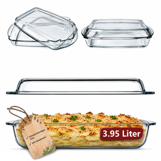 Auflaufform mit Deckel 3,95L – rechteckige Glasauflaufform, hitzebeständig & feuerfest – Ofenform für Lasagne, Fleisch & Aufläufe image 1