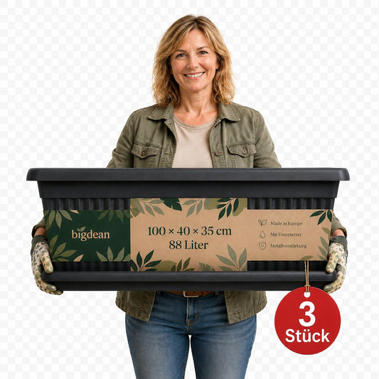 3er Pack BigDean Blumenkübel Jumbo 100×40×35cm 88 Liter – Mediterranes Design inkl. Untersetzer – Anthrazit image 1