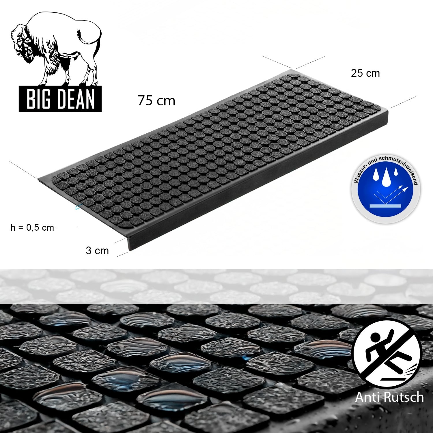 5 Stück Stufenmatten aus Gummi – 75 x 25 cm – Outdoor Treppenstufenmatten