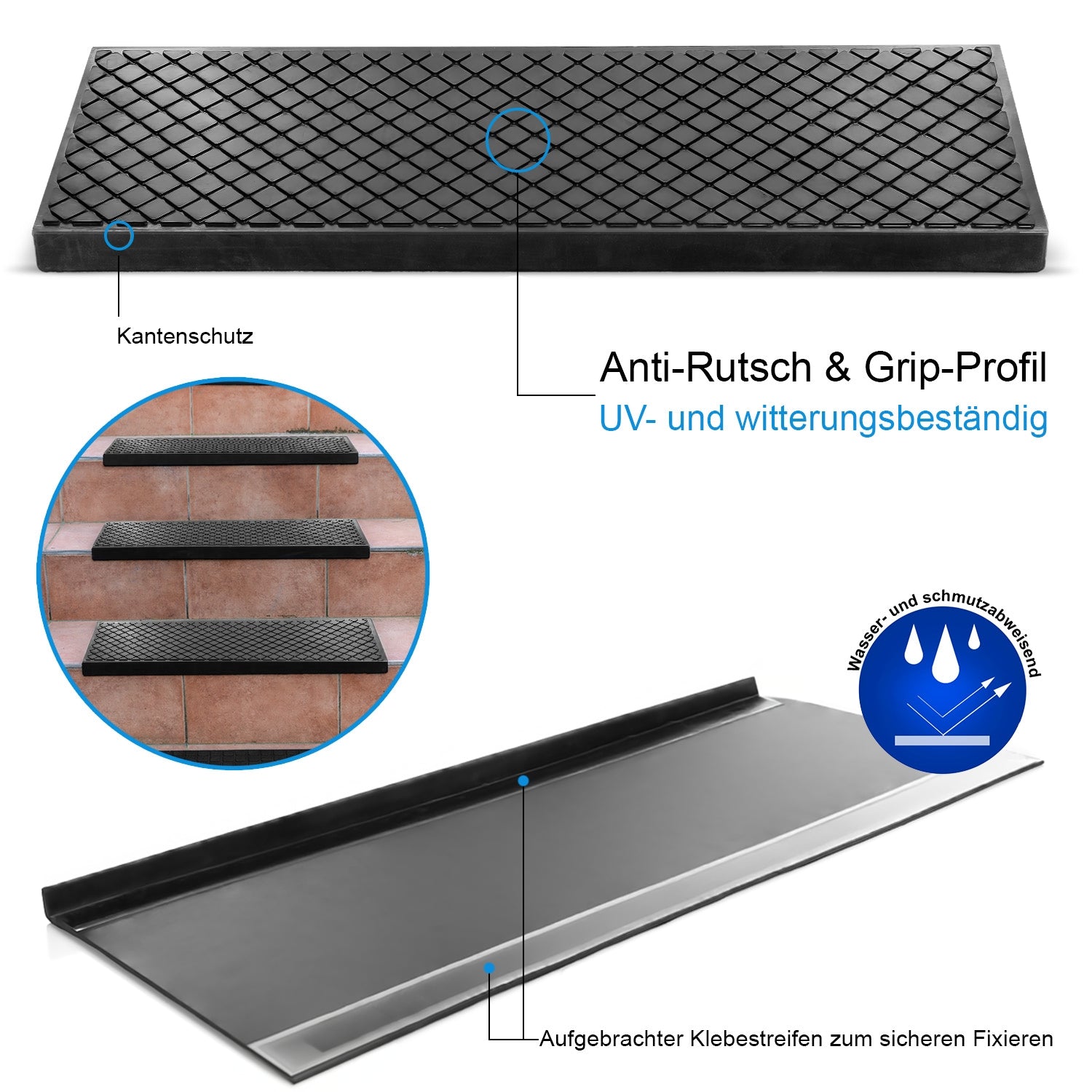 3 Stück Stufenmatten aus Gummi – 75 x 25 cm – Outdoor Treppenstufenmatten