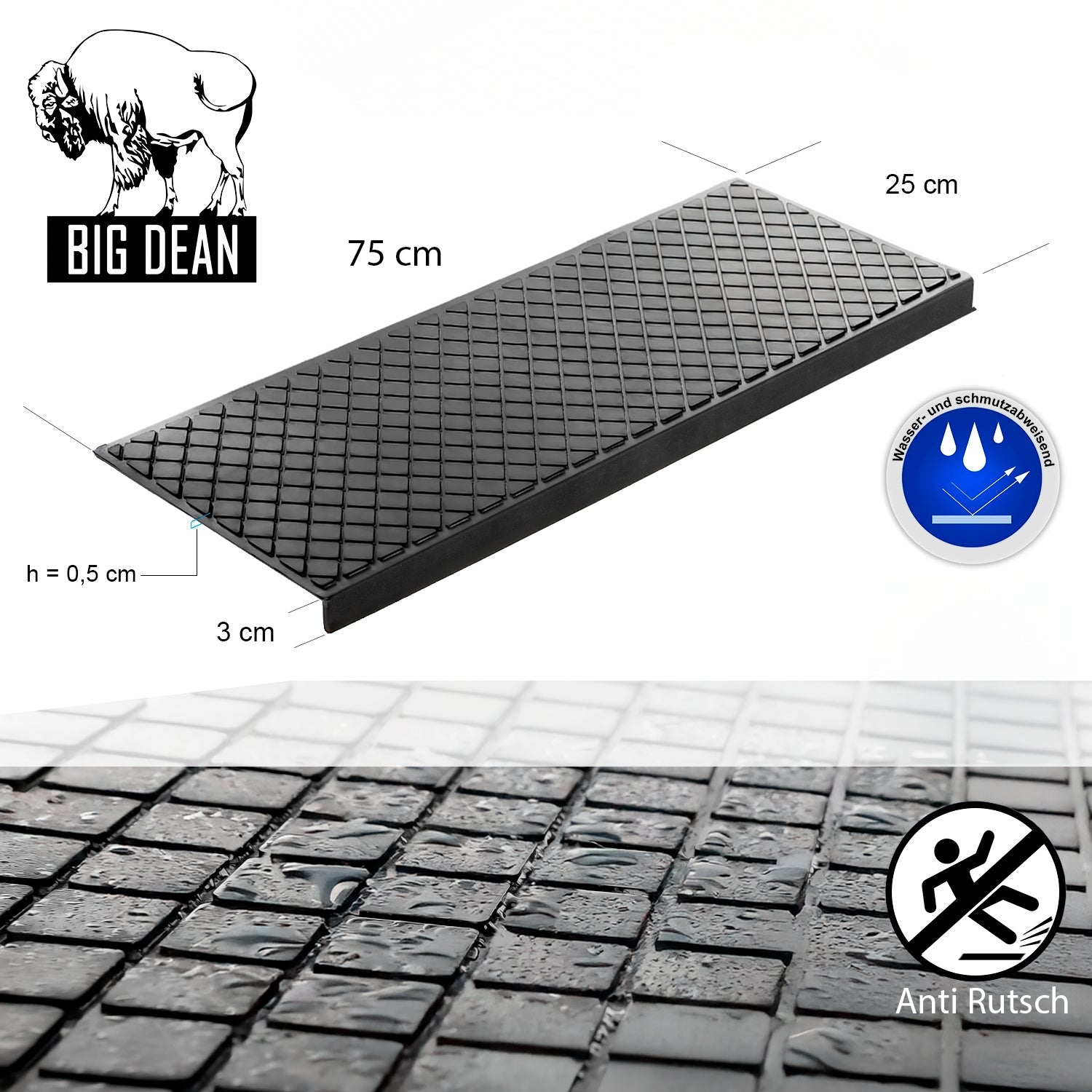 3 Stück Stufenmatten aus Gummi – 75 x 25 cm – Outdoor Treppenstufenmatten