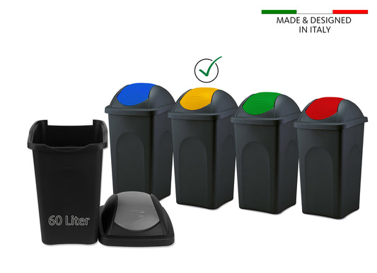 BigDean Mülleimer groß 60L - schwarz - mit Schwingdeckel gelb - aus Kunststoff - Müllsammler Abfalleimer Mülltonne Abfallbehälter - Made in Italy image 2