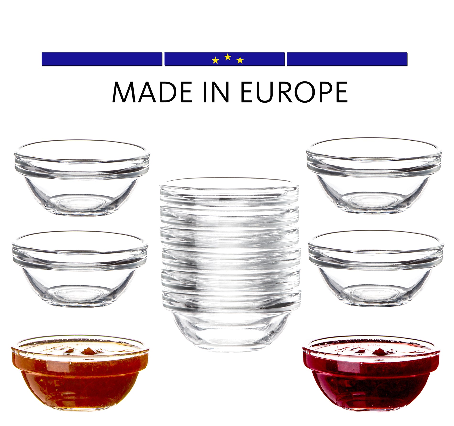 12x Dipschalen Ø 6 cm aus gehärtetem Glas 30ml  - Für Dip, Marmelade, Konfitüre - Stapelbar  4