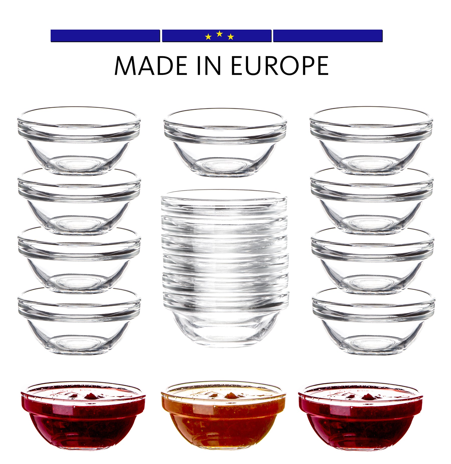 18x Dipschalen Ø 6 cm aus gehärtetem Glas 30ml - Für Dip, Marmelade, Konfitüre - Stapelbar - 4