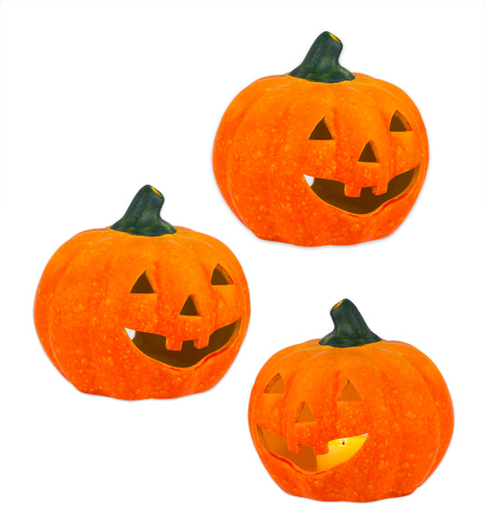 3er Set Halloween-Kürbis Windlicht groß - HxD: ca. 13x14 cm  - Zierkürbis als Herbstdeko - Aus Keramik - Mit Öffnung für Teelichter - Mottoparty-Deko