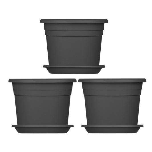 BigDean 3x Blumentopf Ø 25 cm Farbe Anthrazit & Untersetzer Kunststoff Pflanztopf Containertopf Übertopf Pflanzkübel rund 25 x 18 cm Blumentöpfe image 2