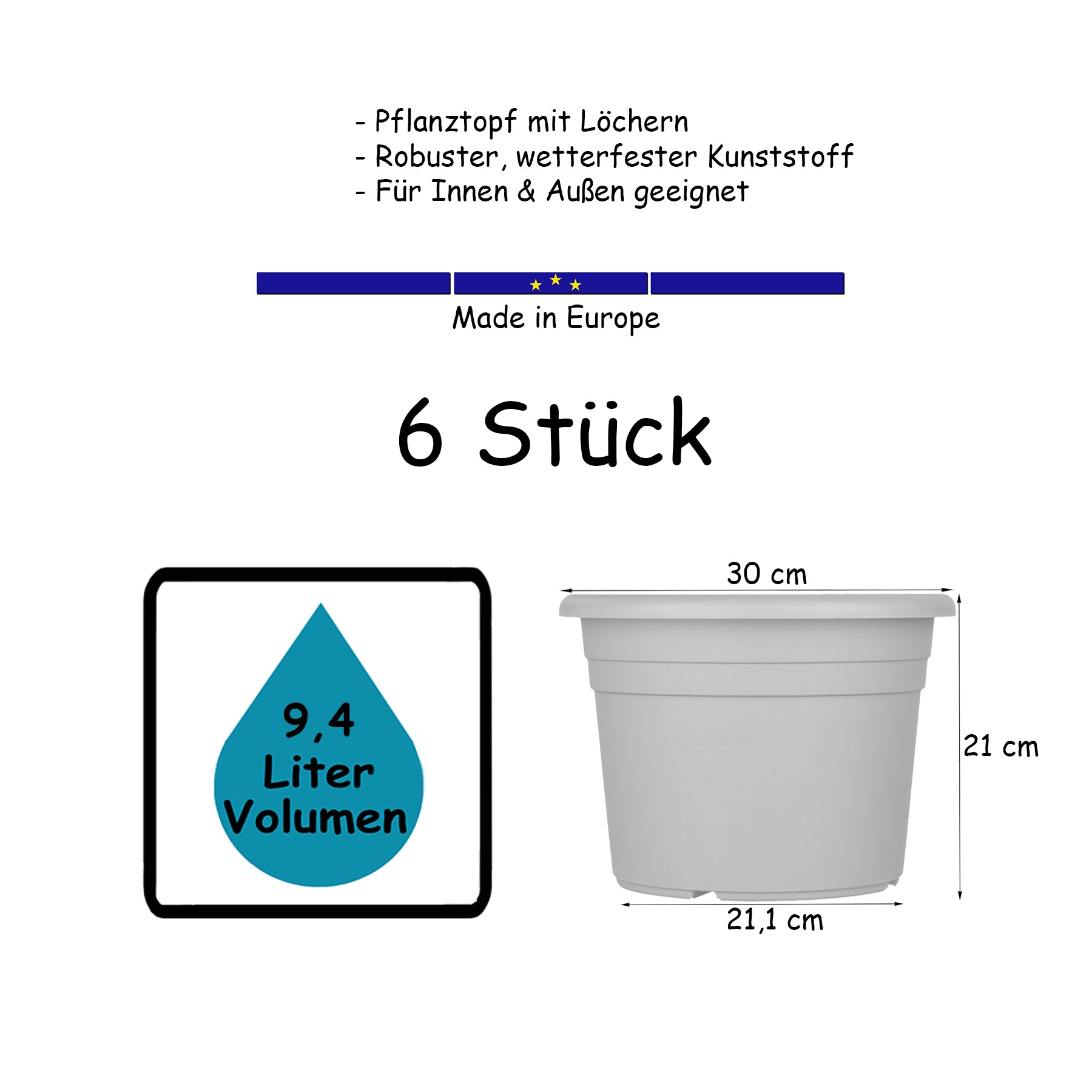 6x Blumentopf Ø 30 cm Farbe Anthrazit Kunststoff Pflanztopf Containertopf Übertopf Pflanzkübel rund 5